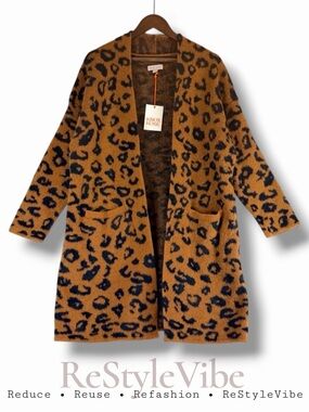 KNOX ROSE Women’s Size M Sweater Cardigan NWT Leopard Longline Open Front SOFT